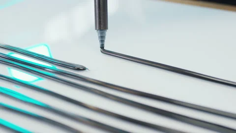 Robotic arm applying black conductive paste or adhesive on white surface Video stock 155206936