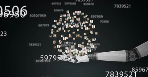 A robotic arm assembles a cube of small images against a numeric background 스톡 사진