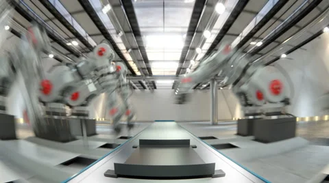 Robotic Arm Assembling 3d Printer On Conveyor Belt Stock Footage