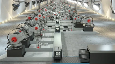 Robotic Arm Assembling 3d Printer On Conveyor Belt Stock Footage