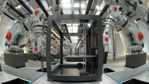 Robotic Arm Assembling 3d Printer On Conveyor Belt 3d illustration Stock Illustration