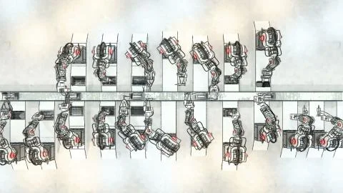 Robotic Arm Assembling 3d Printer On Conveyor Belt. 3d illustration Stock Illustration