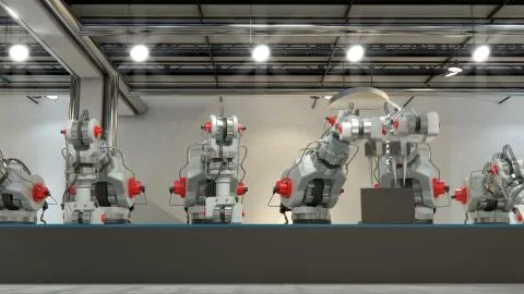 Robotic Arm Assembling 3d Printer On Conveyor Belt 3d illustration Illustrazione stock