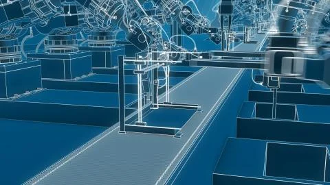 Robotic Arm Assembling 3d Printer On Conveyor Belt 3d illustration Stock Illustration