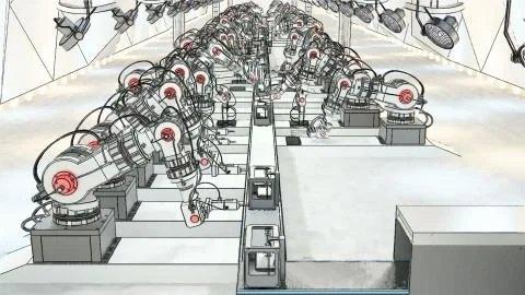 Robotic Arm Assembling 3d Printer On Conveyor Belt 3d illustration Stock Illustration