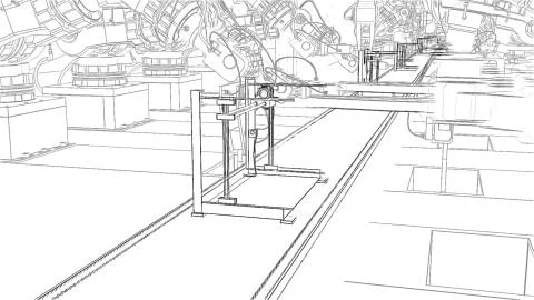 Robotic Arm Assembling 3d Printer On Conveyor Belt 3d illustration Illustrazione stock