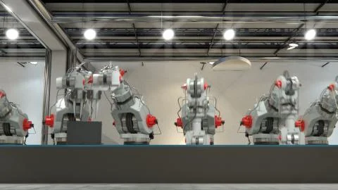 Robotic Arm Assembling 3d Printer On Conveyor Belt 3d illustration Stock Illustration