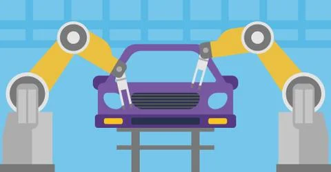 Robotic arm assembling car in assembly shop Illustrazione stock