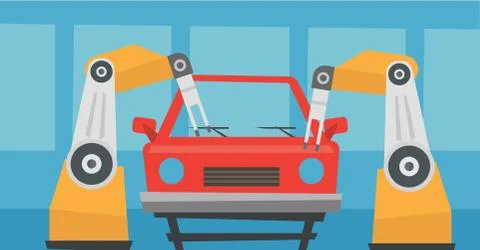 Robotic arm assembling car in assembly shop. Stock Illustration