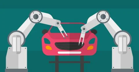 Robotic arm assembling car in assembly shop. Illustrazione stock