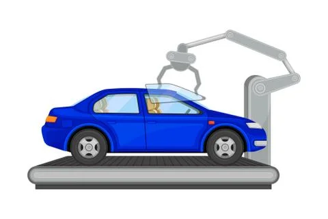 Robotic Arm Assembling Car Body as Auto Production Process Vector Illustration Stock Illustration