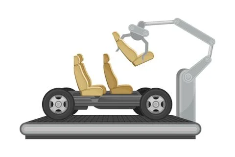 Robotic Arm Assembling Car on Conveyor Belt as Auto Production Vector Illustrazione stock