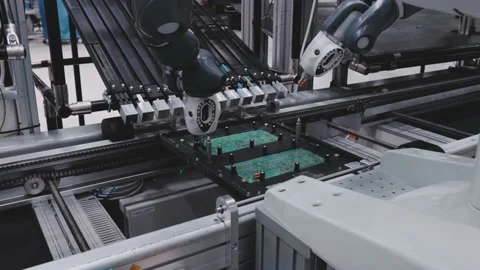 Robotic Arm Assembling Microchip Electronics Close Up Macro Inside Factory 库存影片 142136237