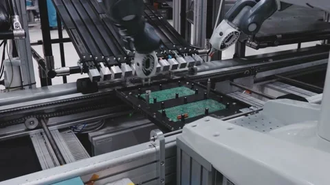 Robotic Arm Assembling Microchip Electronics Close Up Macro Inside Factory Stock Footage 142136244