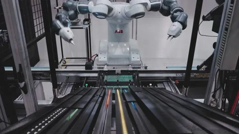 Robotic Arm Assembling Microchip Electronics Close Up Macro Inside Factory Vídeos de archivo 142136272