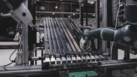 Robotic Arm Assembling Microchip Electronics Close Up Macro Inside Factory Vídeo Stock 142136274