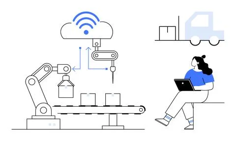 Robotic arm assembling products on conveyor belt linked to cloud, truck for l Illustrazione stock