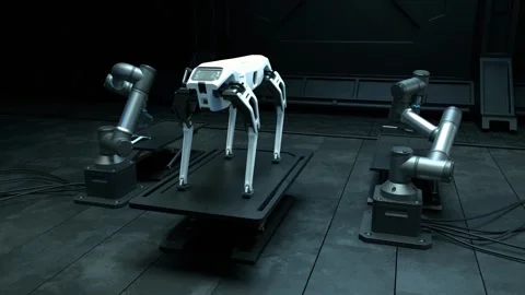 A robotic arm is assembling a robotic dog in a factory Stock Footage 242690036