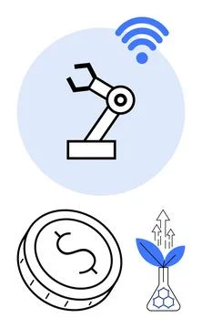 Robotic arm below wireless icon, coin with dollar sign, plant sprouting fro.. Stock-Illustration