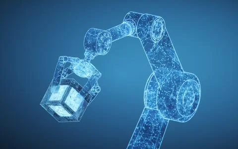 Robotic arm with blue background, 3d rendering. Stock Illustration