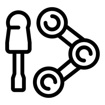 Robotic arm building process with screwdriver and connected circles Ilustración de archivo