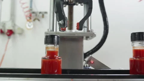 Robotic arm capping hot sauce bottles on a conveyor belt Stock Footage 321803172
