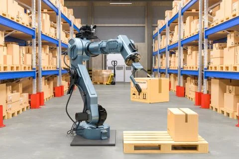 Robotic arm with cardboard box. Automatic warehouse concept. 3D rendering Stock Illustration