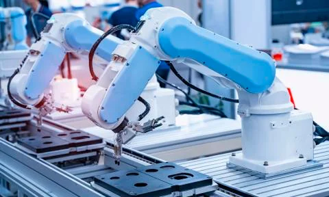 Robotic arm catch for electronic assembly line. The robot for smart technolog Stock Photos