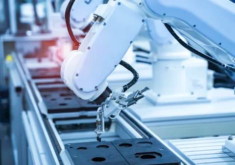 Robotic arm catch for electronic assembly line. The robot for smart technolog Stock Photos