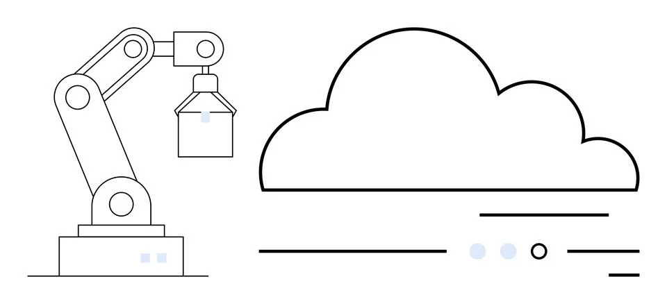 Robotic Arm with Cloud Computing Symbol Illustrates Automation and Digital .. Illustrazione stock