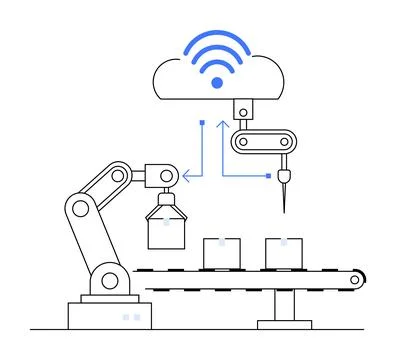 Robotic Arm Connected to Cloud Network for Efficient Manufacturing Process Stock Illustration