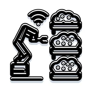 Robotic arm connecting to cloud server data Illustrazione stock