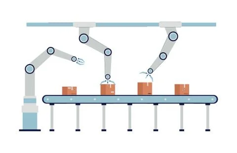 Robotic arm conveyor belt - automatic cardboard box packaging system Illustrazione stock