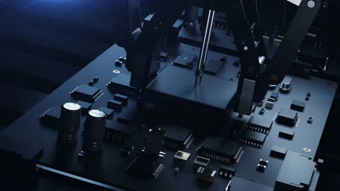 A robotic arm on a conveyor belt inserts the CPU onto a printed circuit board Stock Footage 224021278