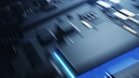 A robotic arm on a conveyor belt inserts a CPU onto a printed circuit board.  Video stock 224022158