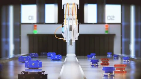 Robotic arm conveyor selection. 3d illustration Stock Illustration