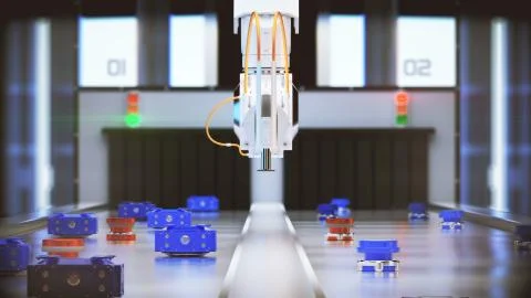 Robotic arm conveyor selection. 3d illustration Stock Illustration