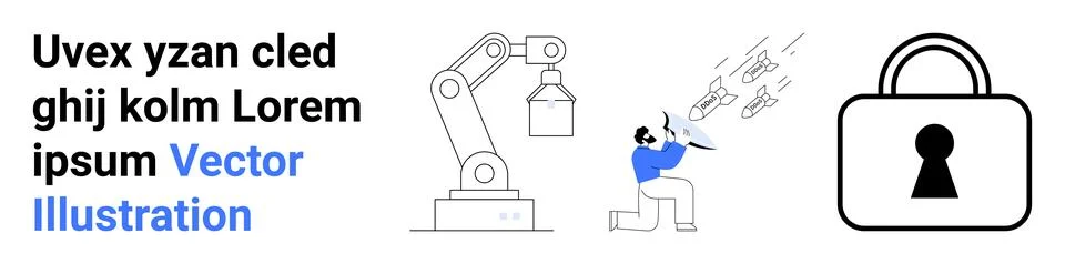 Robotic arm creating data, person in blue analyzing information, and a secure Stock Illustration