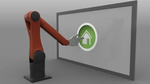 Robotic arm with cursor clicking round Home button. Real estate market Stock Illustration