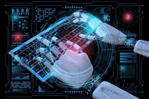 Robotic arm cyborg using computer. 3d render. Bionics technology concept. Stock Illustration