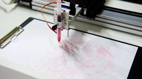 Robotic arm drawing complex pattern. Minsk, Belarus - May 25, 2022 Stock Footage 284834988