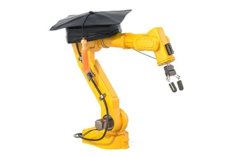 Robotic arm with education hat, deep learning concept. 3D rendering Illustrazione stock