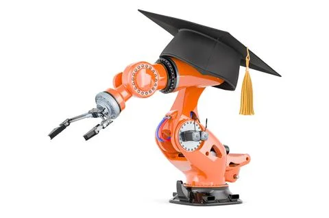 Robotic arm with education hat, deep learning concept. 3D rendering Stock Illustration