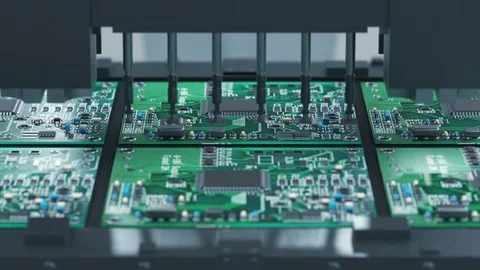 Robotic Arm Electronic Circuit Board Production on Conveyor Belt. Automated Stock Footage 83306555