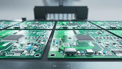 Robotic Arm Electronic Circuit Board Production on Conveyor Belt. Automated Stock Footage 83306670