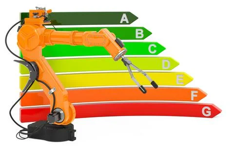Robotic arm with energy efficiency chart, 3D rendering Stockillustratie