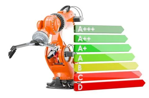Robotic arm with energy efficiency chart, 3D rendering Robotic arm with en... Stock-Fotos