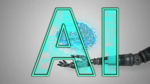 Robotic arm entering from right, cradling holographic brain between translucent Stock Footage 334337516