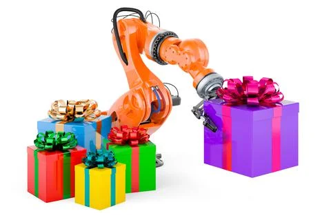 Robotic arm with gift boxes, 3D rendering Stock Illustration