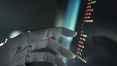 Robotic arm guided by sophisticated software artificial intelligence expertl Stock Footage 346393006